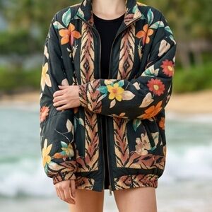 Vintage 90s Silk Oversized Bomber Jacket XL Tropical Baroque Floral Resort